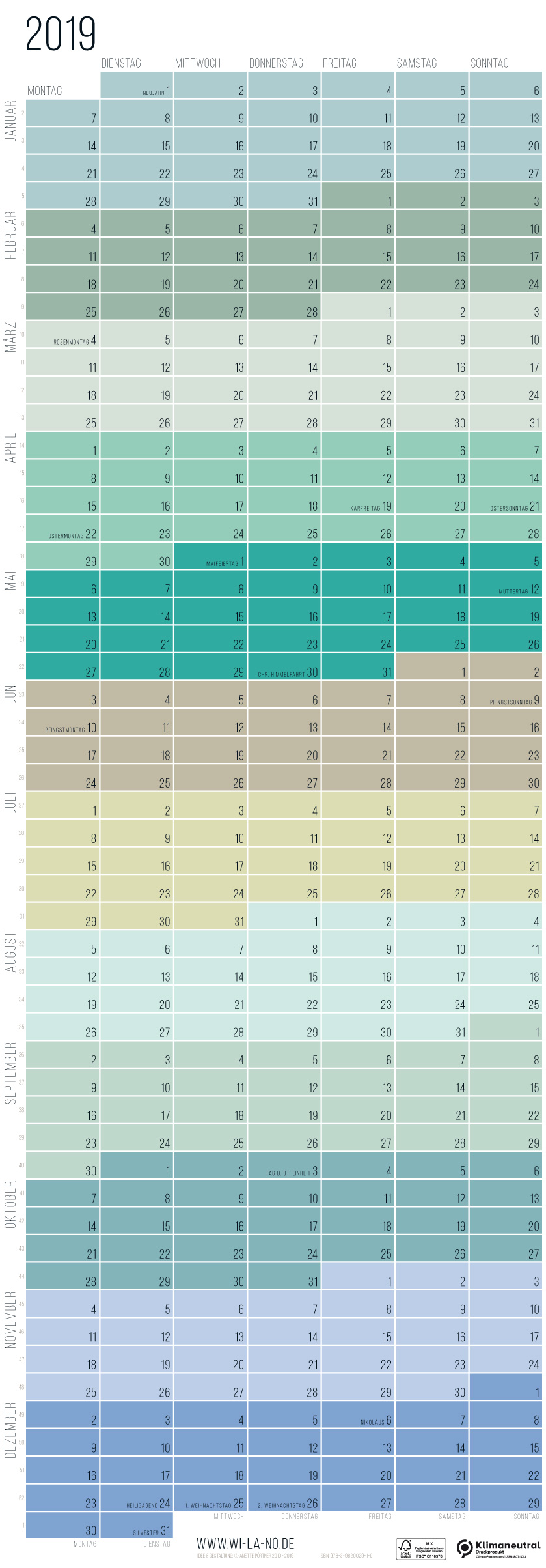 Wandkalender 2019 Pastell von Wi-La-No ®